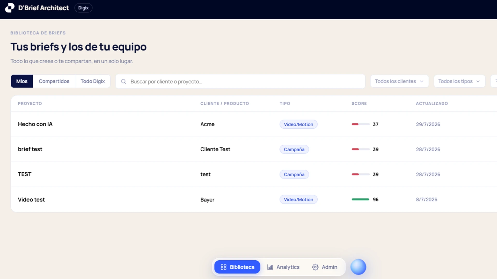 Pantalla de D'Brief Architect, herramienta de briefs con IA generativa