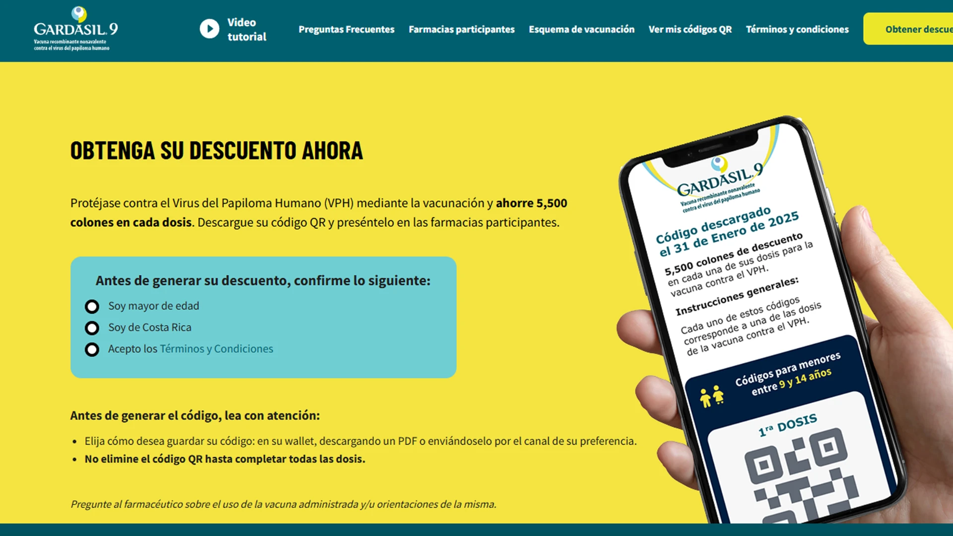 Pantalla de la web QR Code Redeemer de beneficios para vacunación